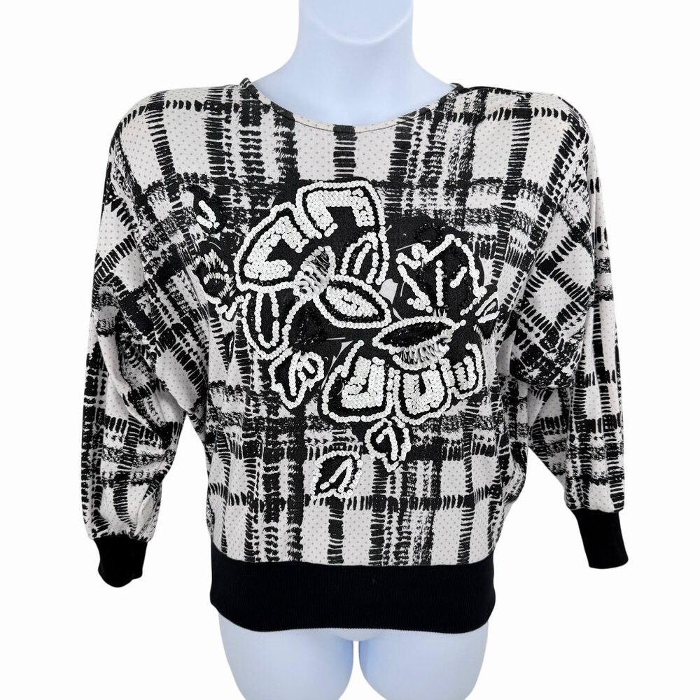 VINTAGE STEPHANIE BLACK & WHITE LRG PLAID SEQUIN FLORAL DOLMAN SLEEEVE TOP - M